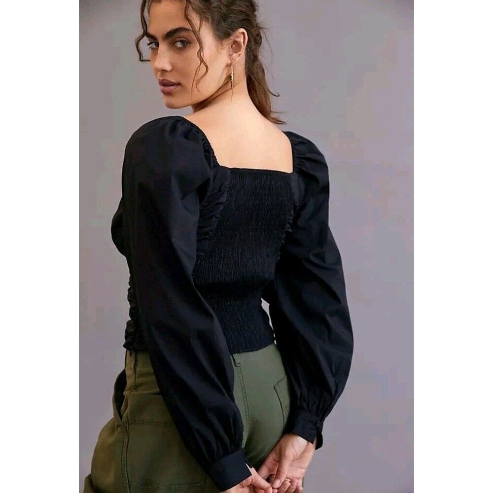 Anthropologie Sweetheart Puff Long Sleeve Black Blouse Smocked Back Sexy Sz S - Picture 3 of 12